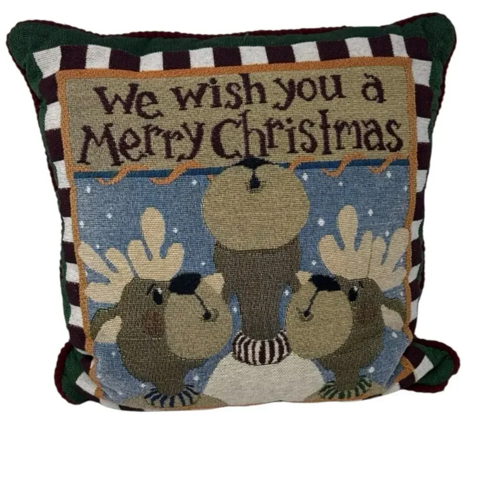 Holiday Vintage Tapestry Reindeer We Wish You A Merry Christmas Pillow Home Deco
